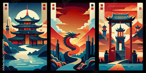 Abstract minimalist chinese posters collection featuring traditional architecture and dragon imagery for artistic display