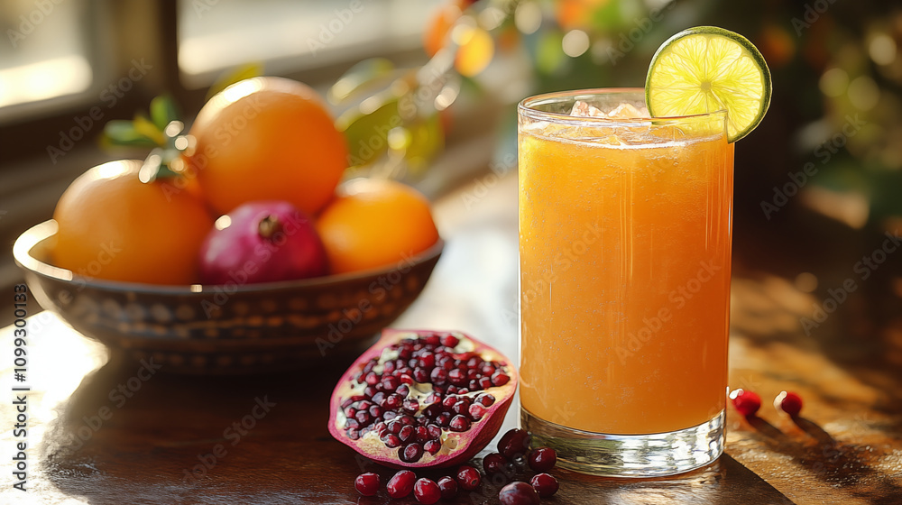 Fototapeta premium Fresh citrus pomegranate drink with fruit bowl