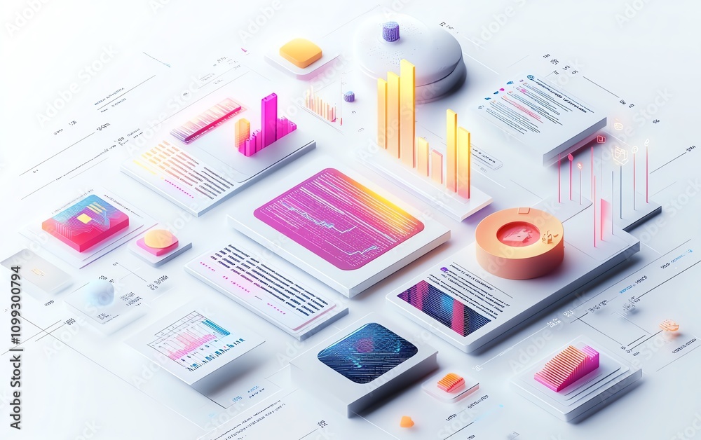 Fototapeta premium Minimalist 3D digital interface with integrated charts, graphs, and code, white background for a sharp, modern aesthetic