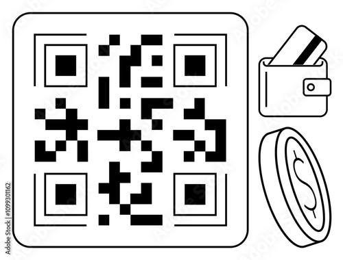 QR code in center, wallet with card and coin symbols to the side. Ideal for online payments, e-commerce, financial services, digital marketing, secure transactions, mobile banking and fintech. Line