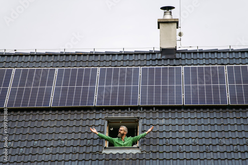 Man looking from skylight, roof window with solar panels above him. Sustainable lifestyle and green household.