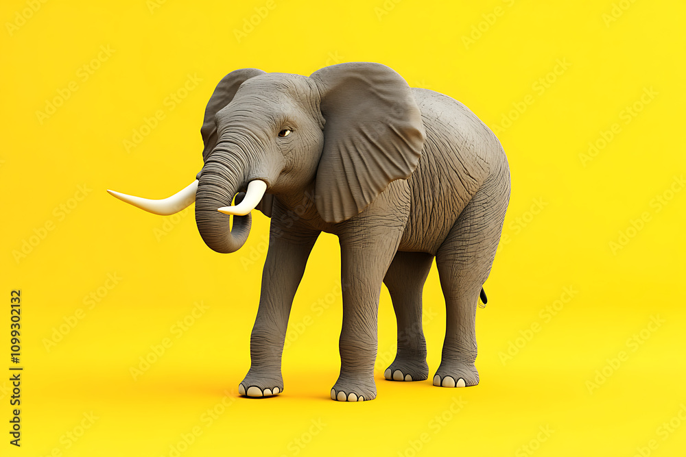 Fototapeta premium A 3D-rendered elephant stands against a bright yellow background, showcasing its features.