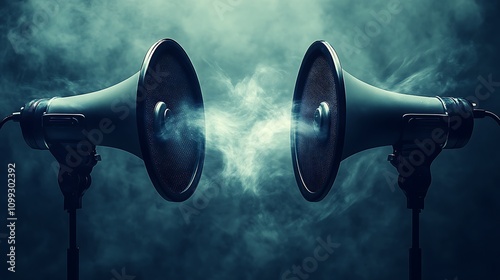 A pair of opposing megaphones facing each other on a stark background, with sound waves depicted clashing violently in the middle, symbolizing a fierce debate.