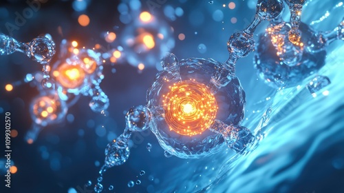 An abstract representation of nanotechnology filtering and purifying water molecules. Nanobots with glowing cores interact with the molecules, 