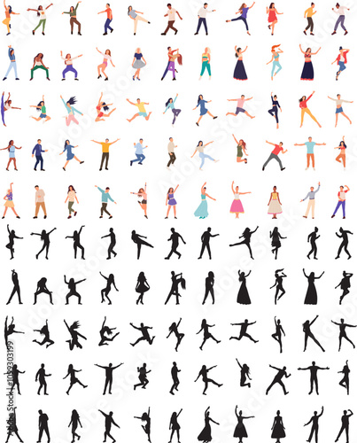 people dancing, rejoicing silhouette set, vector