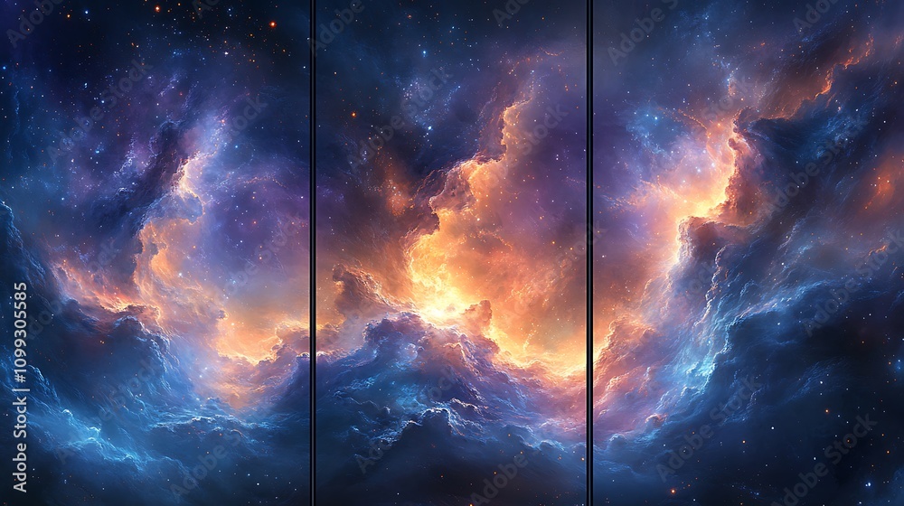 Fototapeta premium Galaxy triptych art, abstract representation with swirling nebulas and star clusters, vivid blues and purples, ethereal cosmic light effects, deep space tones, seamless transitions between panels,
