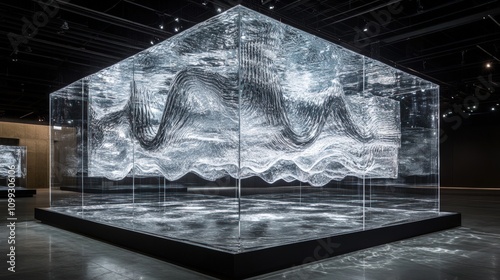 Large glass cube sculpture with internal wave-like forms displayed in a dark modern gallery.