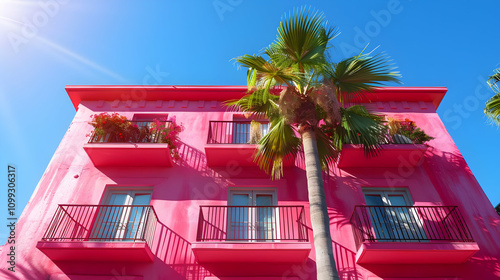 Pink Building Palm Tree Illustration