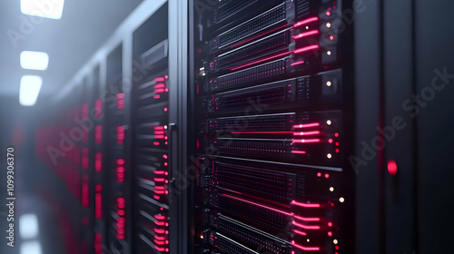 3D Render of Server Room with Red Lights
