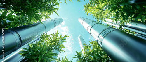 Green energy power plant with steel pipes amidst lush greenery under a clear blue sky during a bright day in a photorealistic style photo