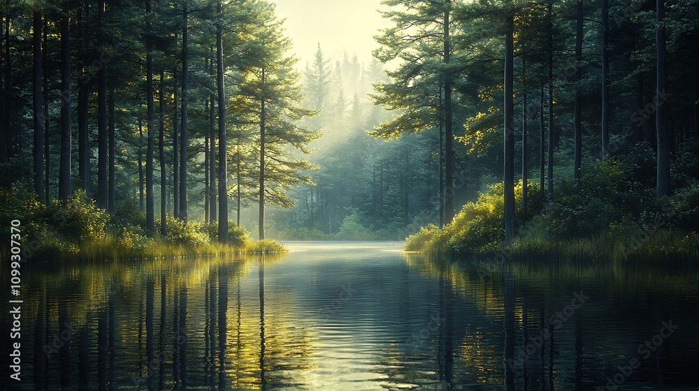 Obraz premium Nature's tranquility triptych, a peaceful forest with tall pine trees, dappled sunlight streaming through the canopy, a calm river reflecting the light, photorealistic detail, intricate textures,