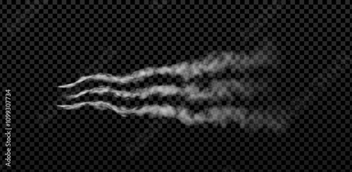 Rocket or jet aircraft smoke trail three curves stripes, vector realistic white fume flow, space launch trace, fog steam