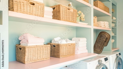 A pastel-themed laundry room with open shelves photo