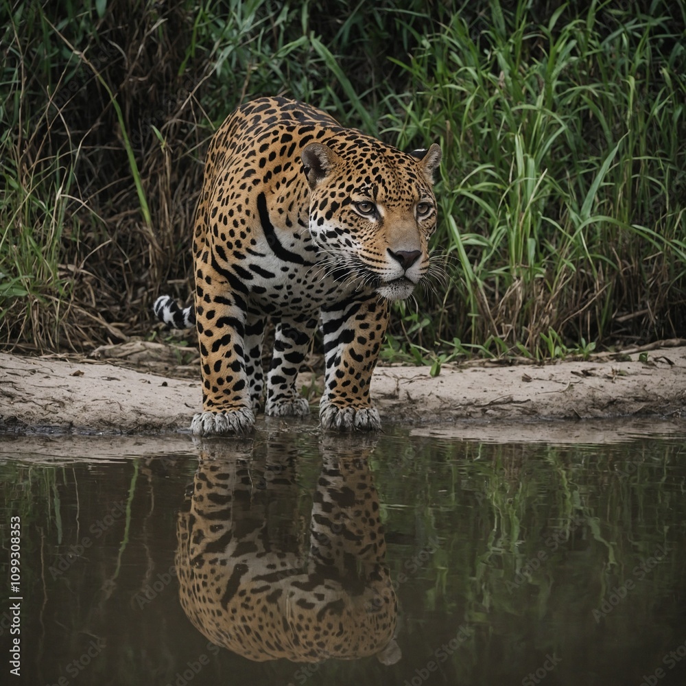 Obraz premium A jaguar and an ocelot meeting near a white sandy river.