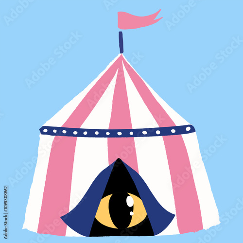 Colorful circus tent with an eye looking out of its entrance,hand drawn cute minimalistic vector illustration,show invitation design element.