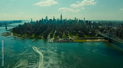 Aerial Cityscape Illustration: Urban Skyline, Bridges, and Water