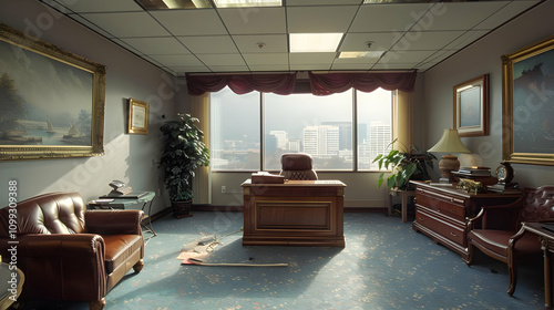 Sunlit Office Interior Illustration: Desk, City View