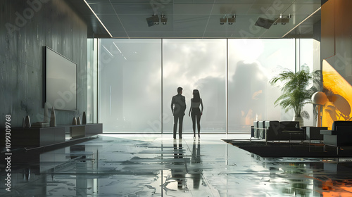Modern Office Illustration: Two Figures Contemplate Skyline View