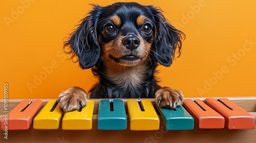 A photo of, a dog facetious playing xylophone, isolated on a light orange background 