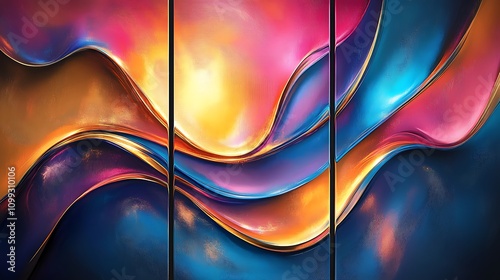 Three-panel abstract flow artwork, vibrant swirling shapes and lines, bold color contrasts of blue, gold, and magenta, fluid movement creating a dynamic effect, high-definition textures,