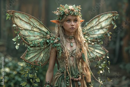 Young ethereal fairy with iridescent wings wearing forest crown and vintage jewelry in mystical woodland, dreamy fantasy portrait in green and gold tones