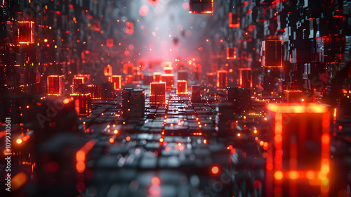 Glowing Red Cubes 3D Abstract Background