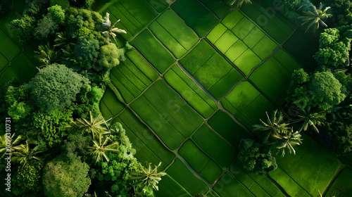 Aerial View Lush Green Rice Paddies