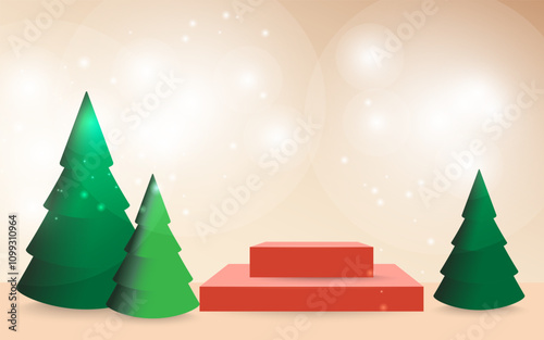 3D simple podiums, Christmas display. Pastel background. Christmas tree with lights