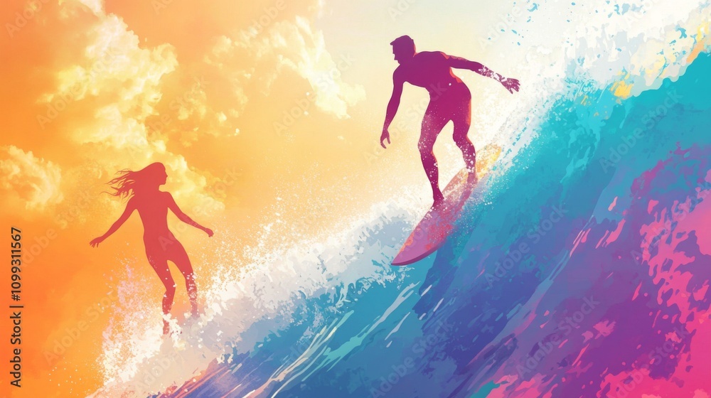 Fototapeta premium Couple Surfing Sunset Wave - Ocean Water Sports Adventure