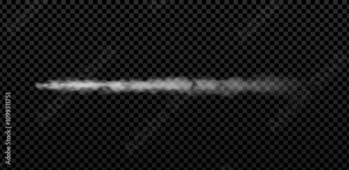 Rocket or jet aircraft vector smoke horizontal trail, realistic white fume airplane launch trace, fog flow, gas steam