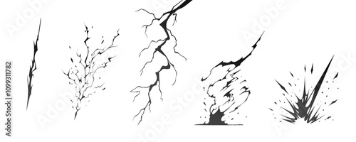 Lightning strike bolt silhouettes sequence vector illustration. Black thunderbolts and zippers are natural phenomena isolated on a dark background. Thunderstorm electric effect of light shining flash.