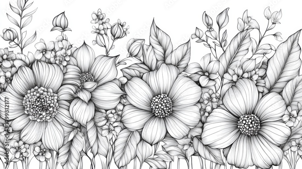 Obraz premium Elegant Black and White Flower Illustration - Botanical Line Art Print
