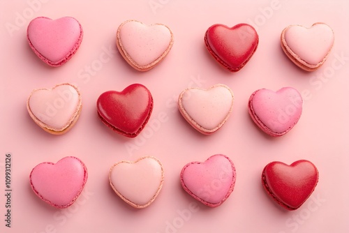 Flat lay of heart-shaped macarons in various shades of pink and red on a pastel pink background, perfect for Valentine’s Day, weddings, or festive desserts with clean copy space.