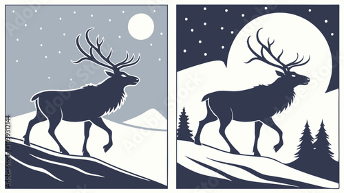 Majestic Deer Walking Through Snowy Winter Night Landscape. deer in winter, deer in the forest.