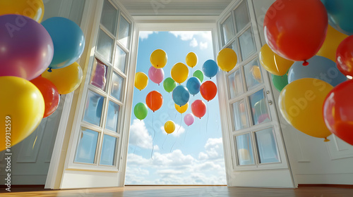 Colorful Balloons Floating Through Open Window 3D Illustration
