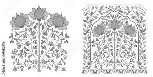 Mughal decorative ornamental floral. Vintage intricate traditional mughal style with flowers and foliage.