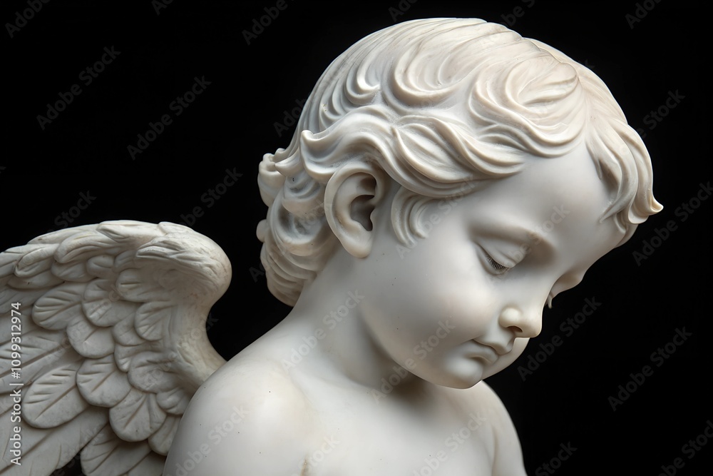 Obraz premium A close-up profile of a marble angel sculpture with finely detailed wings against a dark background. A serene and timeless piece for spiritual, artistic, or romantic themes.