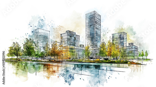 Urban project planning. Green sustainable design, creating eco friendly, energy efficiency, and blueprints sources for a urban environment watercolor and grid line vector illustration concept.
