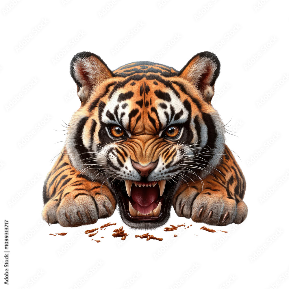 Obraz premium Aggressive Young Tiger Cub Stalking Prey, Close-Up Portrait