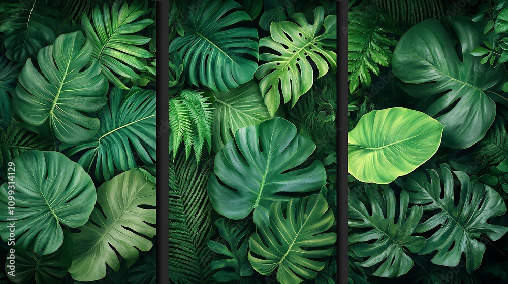 Fototapeta premium Three-panel canvas art featuring lush tropical leaves, vibrant green monstera, banana leaves, and ferns, detailed textures, realistic lighting, seamless blend across panels, high-definition quality,