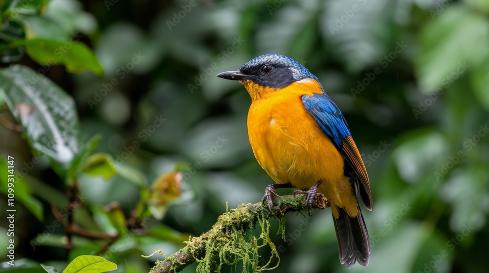 Fototapeta premium A cute, animated bird with bright blue and orange colors, perched on a branch in a stylized tropical jungle background, creating a cheerful and cartoonish appearance.