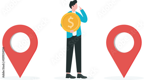 Finding suitable location to open business,investment analysis on where to earn profit, financial decision concept. Confused businessman investor holding money stack thinking about where to invest.

