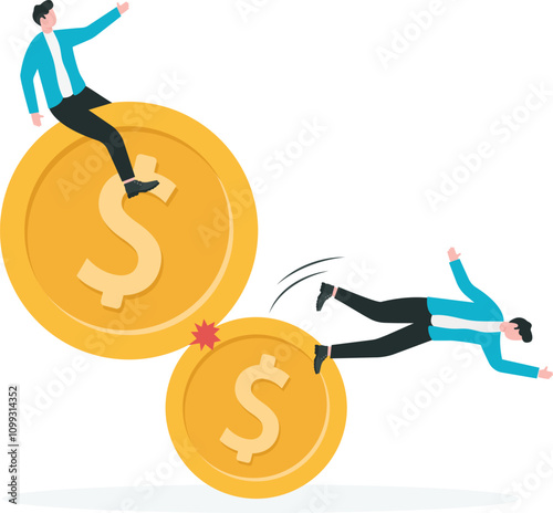 Exploiting retail investors in the market, trade barriers from influencers, business competition concept. Businessman on big dollar sign beating another businessman falling from small dollar sign.
