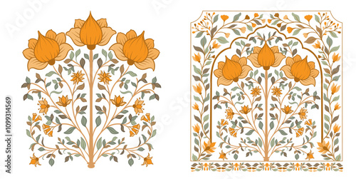 Mughal decorative ornamental floral. Vintage intricate traditional mughal style with flowers and foliage.