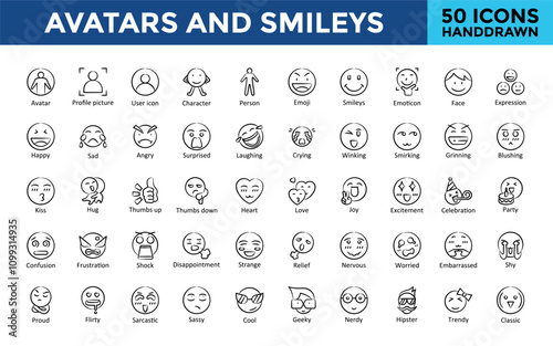 Avatars and smileys icon set with avatar, profile picture, user icon, character, person, emoji, smileys, face, expression icon. Simple handdrawn vector 
