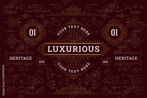Classic elegant swirl floral ornate golden old style design element set vector illustration. Flourishes vintage scroll calligraphic text decoration frame logo corner divider for greeting card