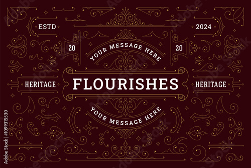 Elegant flourishes golden Victorian filigree design element set vector illustration. Classical vintage swirl floral motif decorative border divider corner for book cover menu wedding invitation