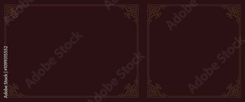 Luxury antique filigree golden frame border with corner ornament set vector illustration. Vintage flourishes calligraphic Victorian scroll swirl decorative design element for text label book cover