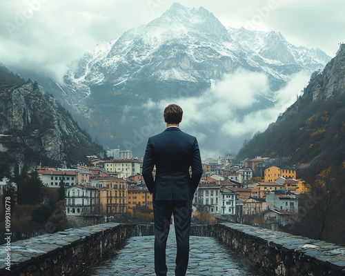 Man in a suit on a stone bridge, looking over a city nestled in the mountains, photostyle imagery, mountainous landscape, concept of challenge, ultrarealistic details photo