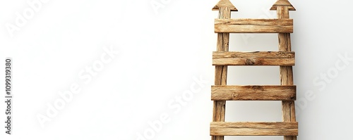 Wooden ladder with upward arrows growing in a creative design, white background, career growth and success concept, 3D rendering, highdefinition realism photo